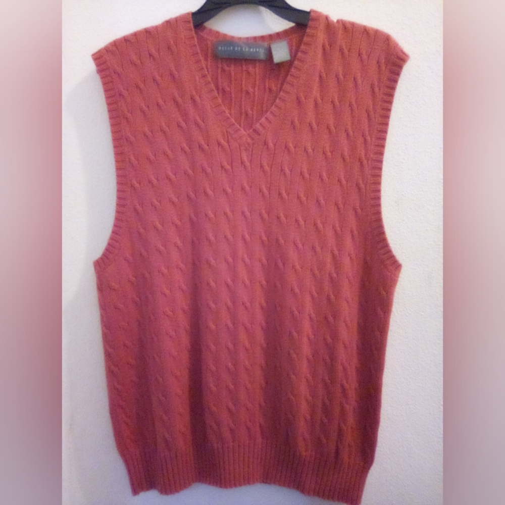 Oscar de la Renta 100% Cotton V-Neck Cable Knit Sweater Size L Old Money